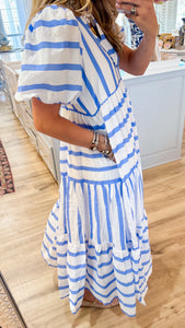 Light Blue Stripe Bubble Sleeve Midi Dress