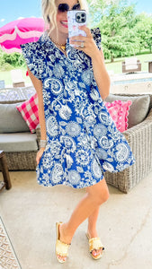 Navy Paisley Print Button Down Dress