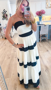 White and Black Off Shoulder Contrast Maxi Dress