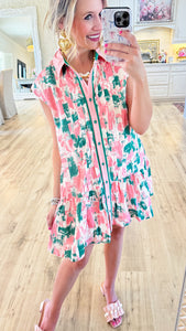 Pink and Green Abstract Button Up Dress