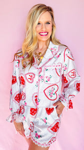 White and Light Pink Heart Lace Trim PJ Set