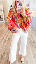 Ivory and Pink Printed Chiffon Bubble Sleeve Top