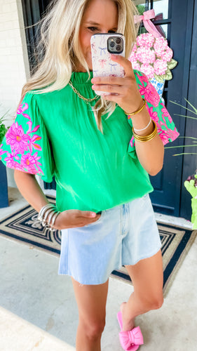 THML Green Embroidered Puff Sleeve Top