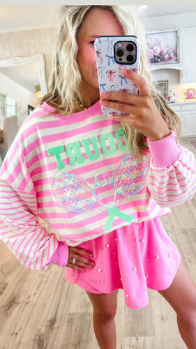 Pink Multi Stripe Tennis Embroidered Sweatshirt