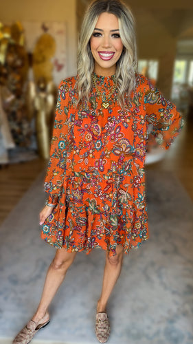 Rust Orange Multi Print Chiffon Yoke Mini Dress