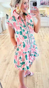 Pink and Green Abstract Button Up Dress