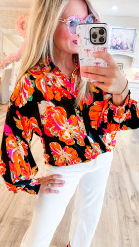 Black Floral Print Button Up Top