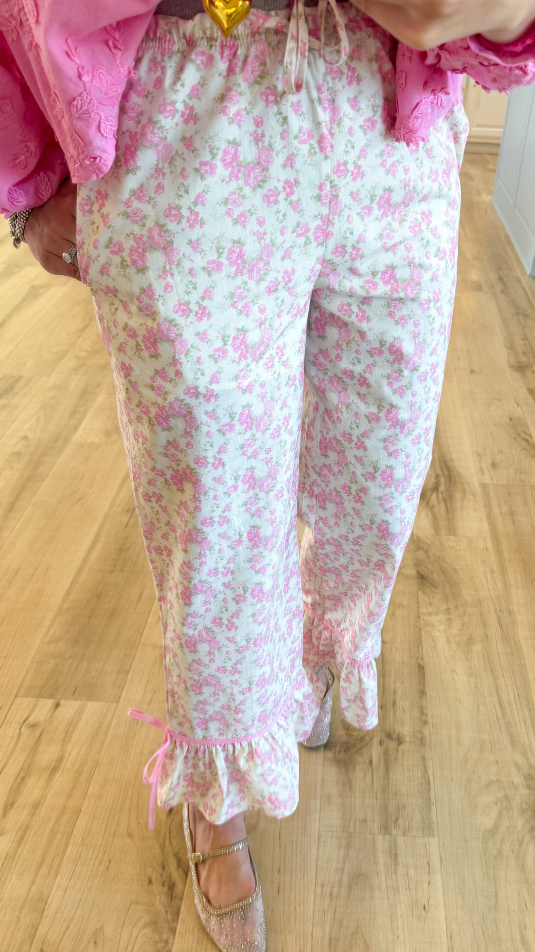 White and Pink Floral Printed Pants