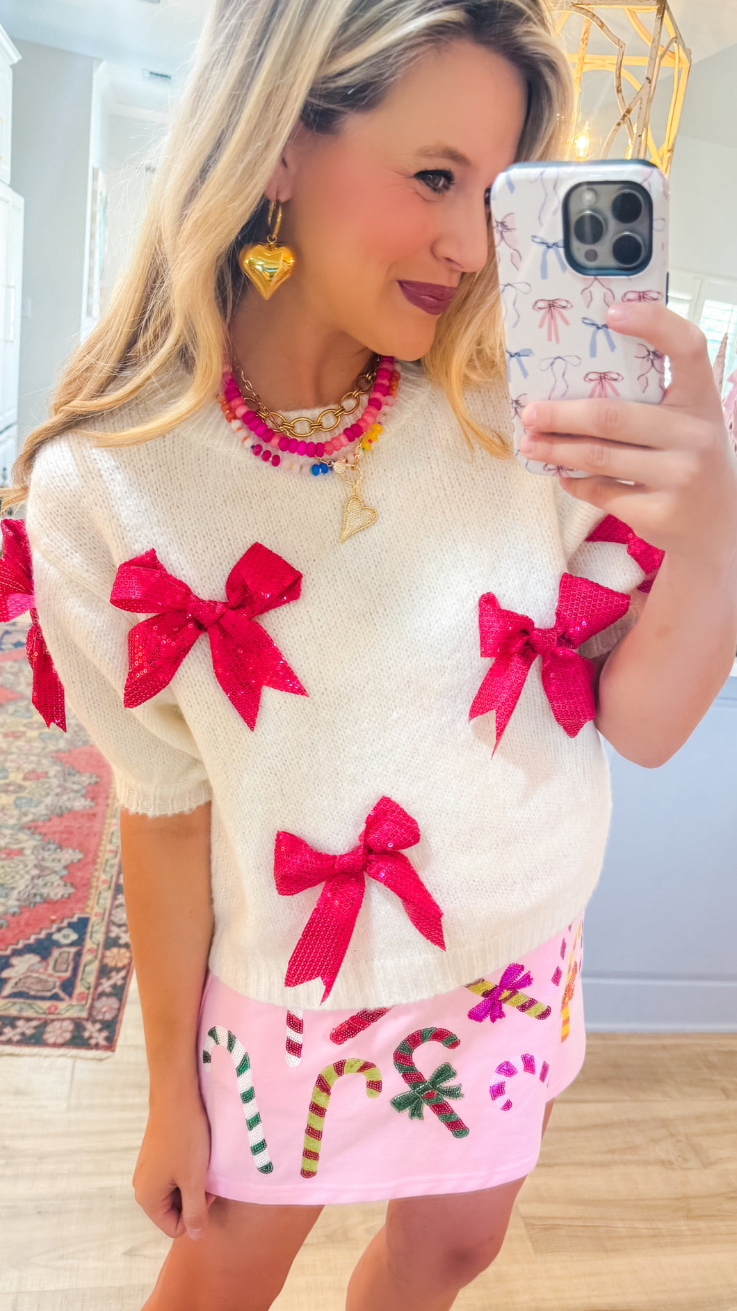 White Sequin Bow Sweater