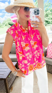 Hot Pink Multi Print Sleeveless Button Down Top