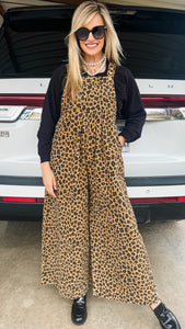 Leopard Print Denim Washed Overalls