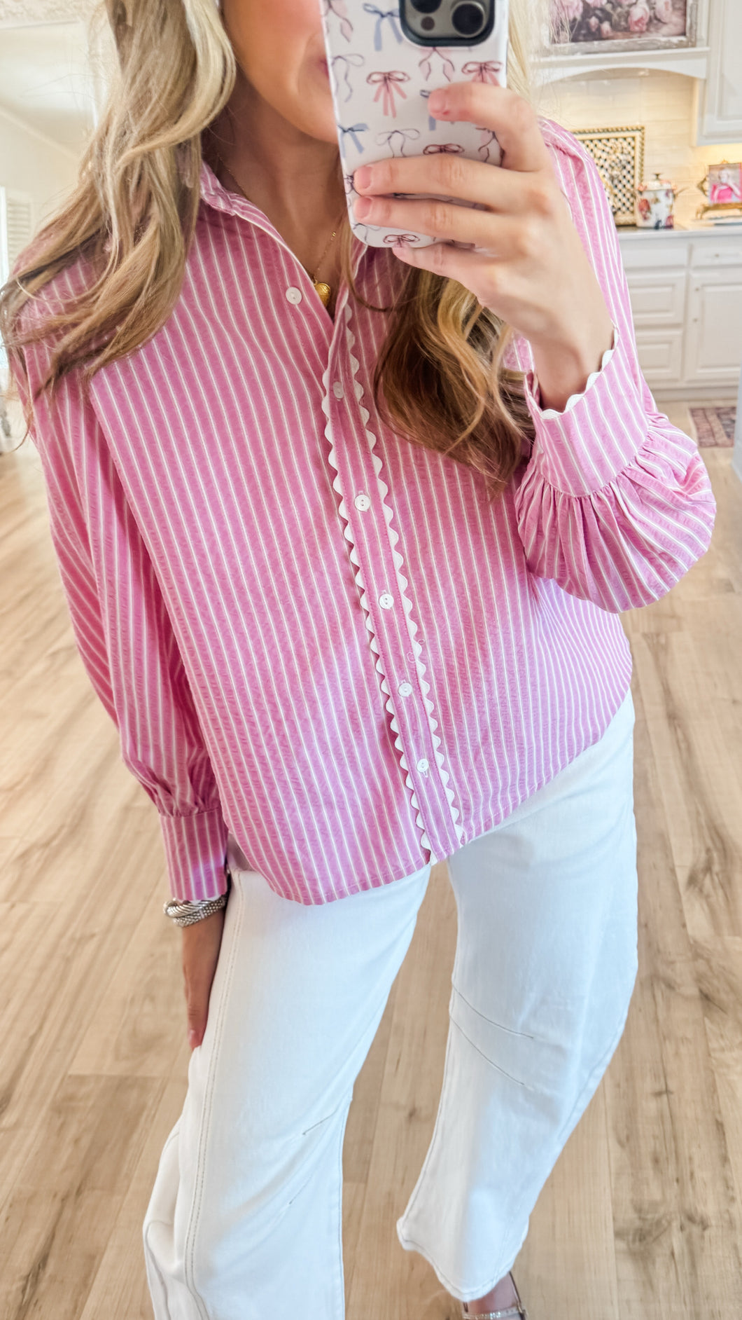 Pink Stripe Scallop Detail Top