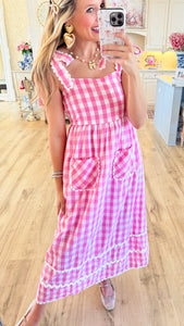 Pink Gingham Midi Dress